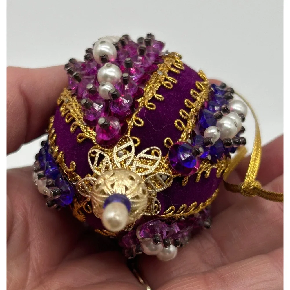 Vintage Beaded Sequins Push Pin Christmas Ornament Pink Bell Purple Ornate Set 2